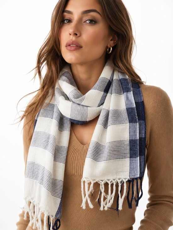 Bass Accessories - NWT GH Bass Striped Scarf Blue Cream Cotton Blend Lightweight Fringe Wrap Shawl